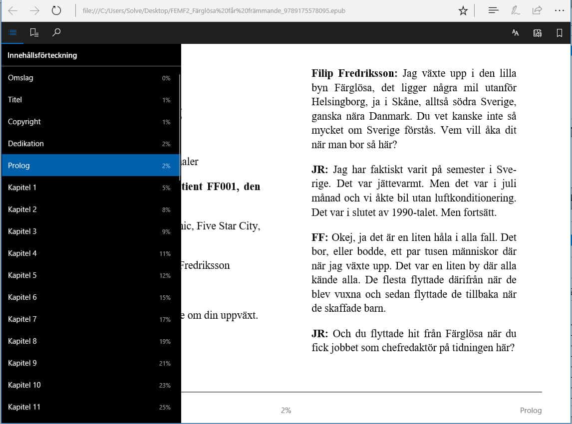 Det går att få fram en innehållsförteckning och hoppa mellan kapitel i boken.