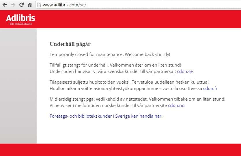 Adlibris ligger nere - tekniska problem under hela dagen 