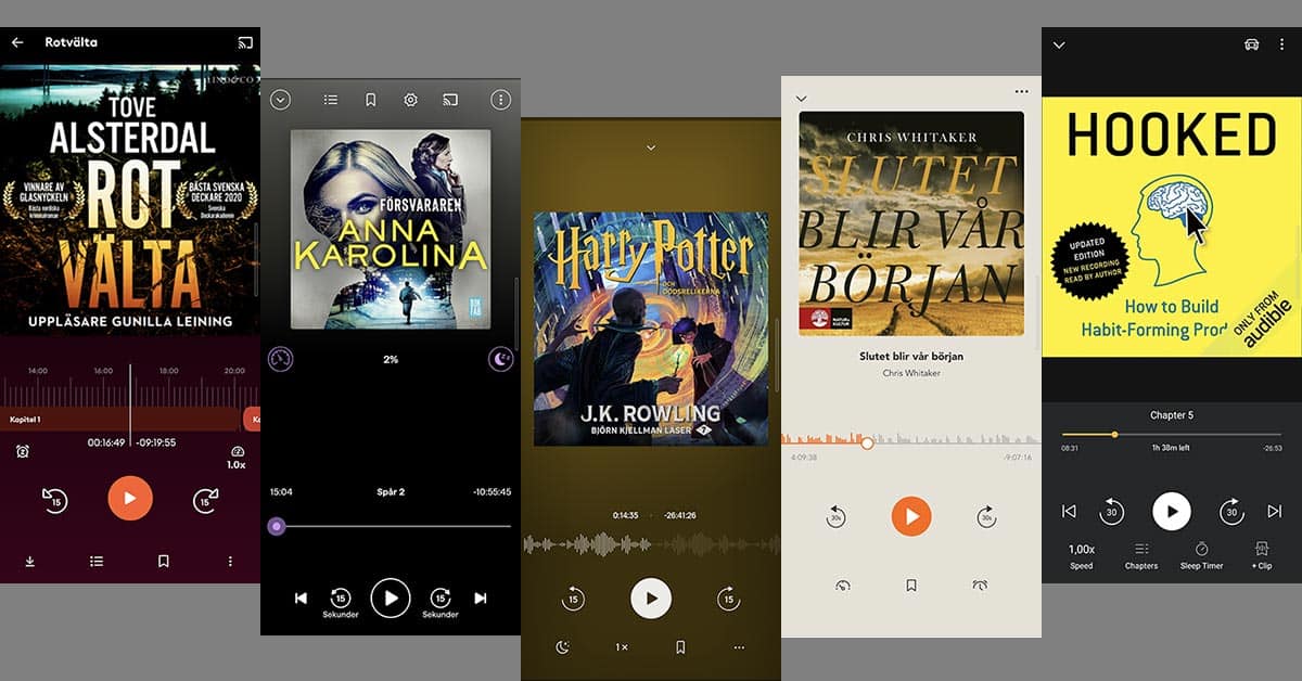 Jämförelse 2022 bästa gränssnittet Storytel, Bookbeat, Nextory, Bokus Play och Audible Boktugg.se