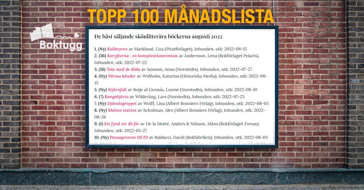 Topp 100 skönlitteratur augusti 2022