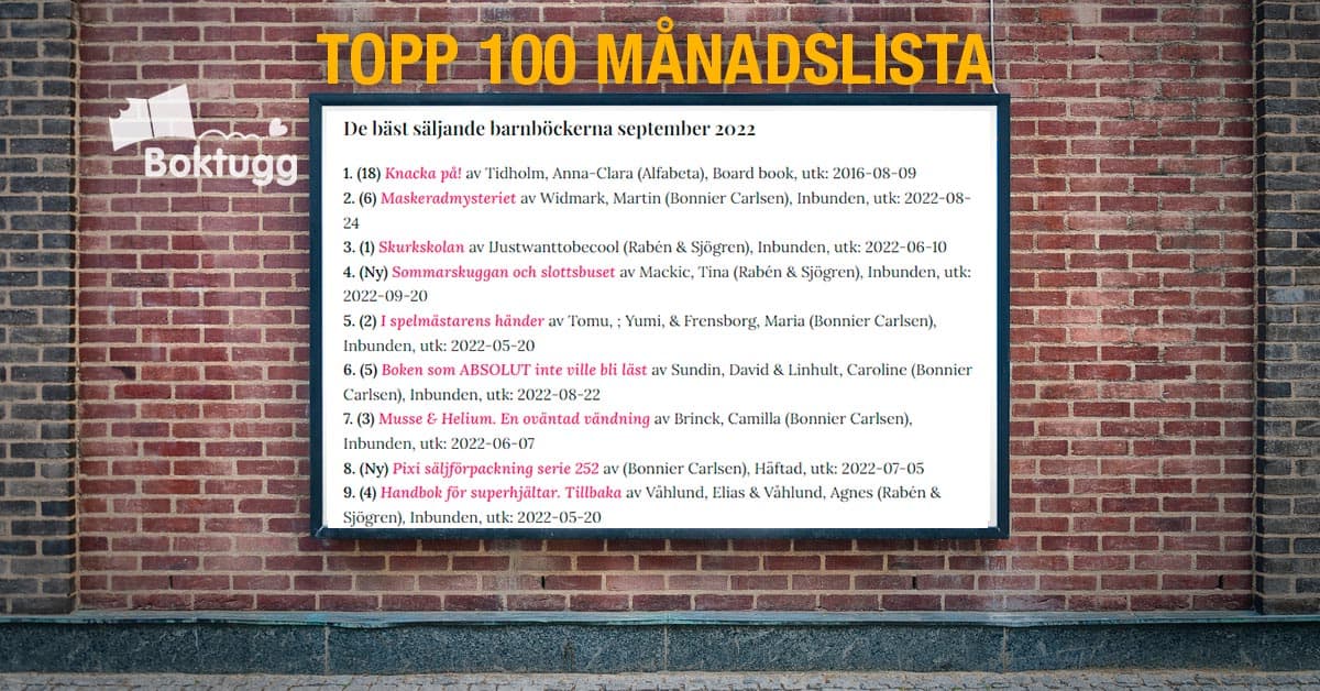 topplista 100 barnböcker september 2022