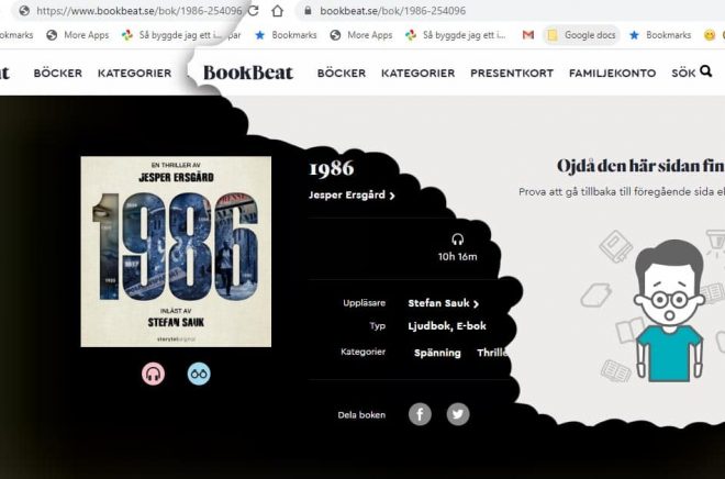 Det blev ett kortvarigt besök på Boookbeat för Storytel Original-titlar som 1986. Efter Boktuggs artikel igår försvann de. Här är före och efter på Bookbeats hemsida eftersom ljudboken avslutades med reklam för Storytel. Skärmdump och montage: Boktugg.