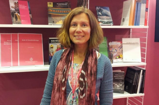 Maria Ringbo från Bibliotekshögskolan i Borås, på Bokmässan 2017. Foto: Anna von Friesen.