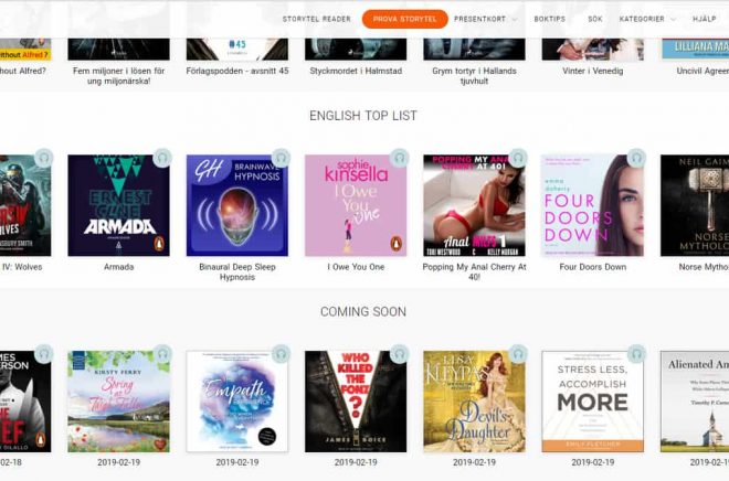 Skärmklipp från svenska Storytels topplista över engelska böcker, där en erotisk titel dyker upp.