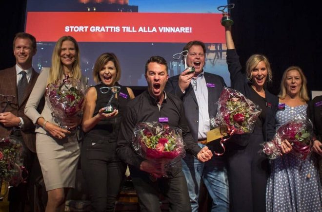 Alla vinnare på Crimetime Specsavers Award 2018: Niklas Natt och Dag, Lisa Marklund, Agnes och Elias Våhlund, Jørn Lier Horst och Emelie Schepp samt Rebecka Edgren Aldén och Josefine Sundström. Foto: Foto: Niklas Maupoix