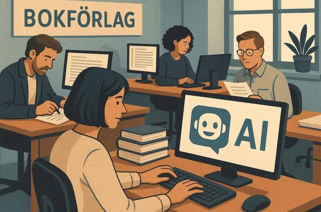 Så här kan en AI-genererad illustration se ut ifall man har bråttom. Vid första anblicken ser det snyggt ut. Men så tittar man på personen i bakgrunden som verkar sitta inne i sitt skrivbord och dessutom har en extra skärm vänd bort från sig själv och dessutom inklämd i väggen på ett märkligt sätt. Därför krävs ofta manuell redigering av bilder eller upprepade prompter. Illustration: ChatGPT. Prompt: Boktugg.