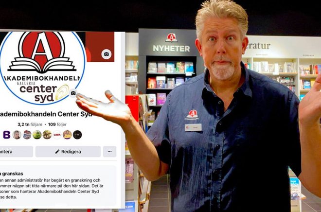Johan Zillén, butikschef på Akademibokhandeln Center Syd, ställer sig frågande till varför butikens Facebooksida avpublicerats utan förvarning. Bildmontage: Boktugg.