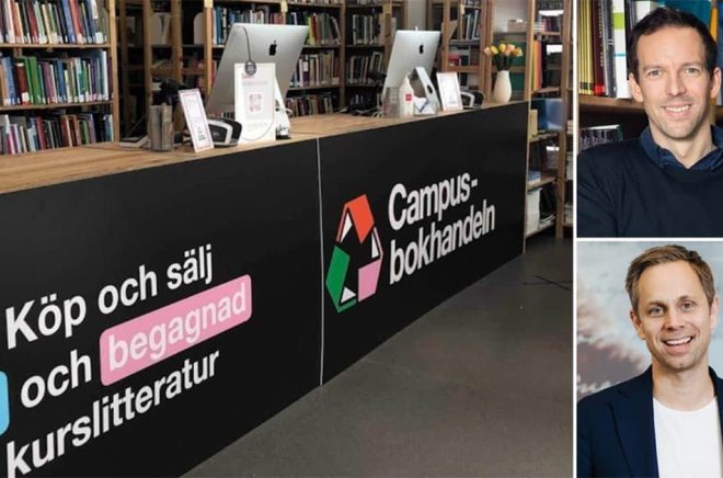 Fredrik Hagenius, VD Campusbokhandeln (övre bild) säljer sitt livsverk till Adlibris. Jonas Karlén, VD Adlibris (nedre bild). Foto: Pressbild.