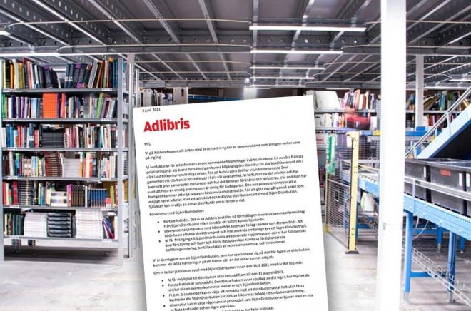 Förra året försvann kommissionsavtalet. Nu försvinner möjligheten för småförlag att ha egen distribution då Adlibris ställer krav på att alla förlag anlitar en distributör som Adlibris har avtal med. Foto: Adlibris. Montage: Boktugg.