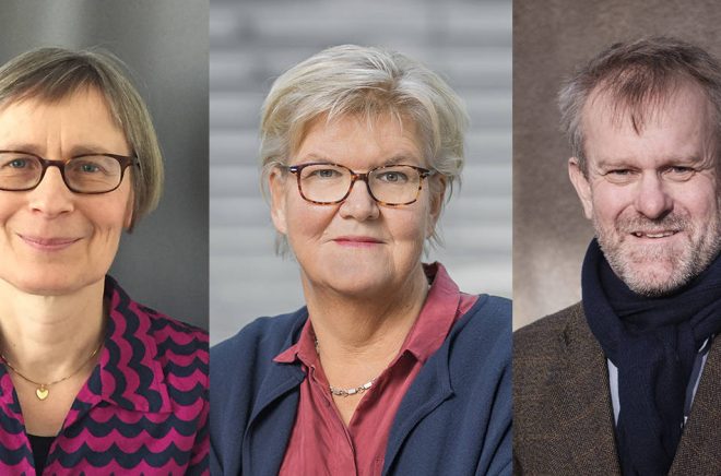 Ordföranden för Augustprisets tre jurygrupper 2019: Gunnel Furuland (foto: Sanja Salcic), Gunilla Herdenberg (foto: Jann Lipka) och Björn Sundmark (foto: Håkan Röjder).