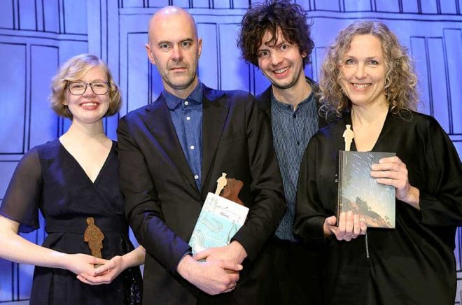 Pristagare Augustpriset 2019. Från vänster: Emma-Karin Rehnman (vinnare i Lilla Augustpriset), Patrik Svensson (fackbok), Oskar Kroon (barnbok), Marit Kapla (skönlitteratur).  Foto: Sören Andersson.