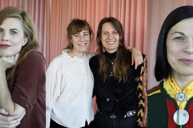 Vinnarna av Augustpriset 2020: Lydia Sandgren (skönlitterära klassen). Kristina Sigunsdotter och Ester Eriksson (barn- och ungdomsboksklassen) . Elin Anna Labba (fackboksklassen). Arkivbilder: Jessica Gow / TT.