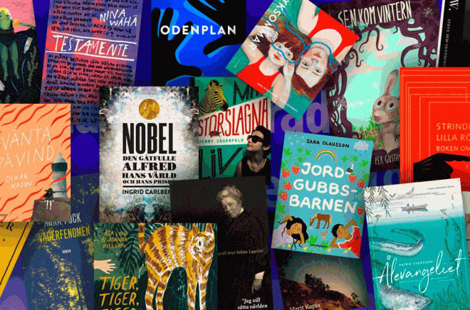Här är alla de 18 titlar som nominerats till Augustpriset 2019. Animation: Boktugg.