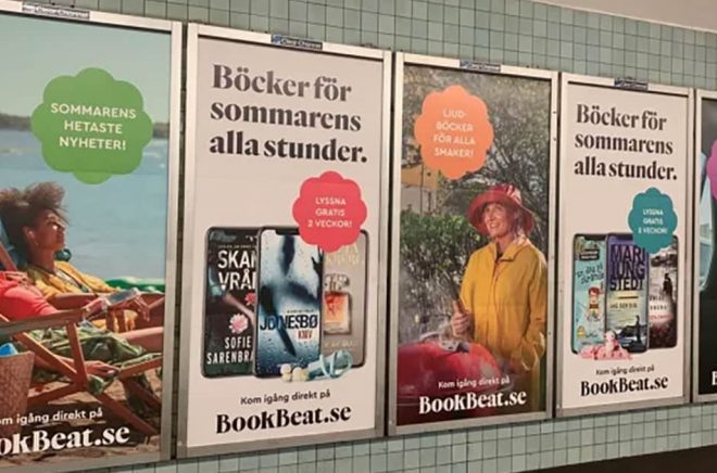 Reklam för Bookbeat i tunnelbanan. Det senaste året har vi vant oss vid att se prenumerationstjänsterna marknadsföra sig med stortavlor och tv-reklam. Foto: Pressbild.