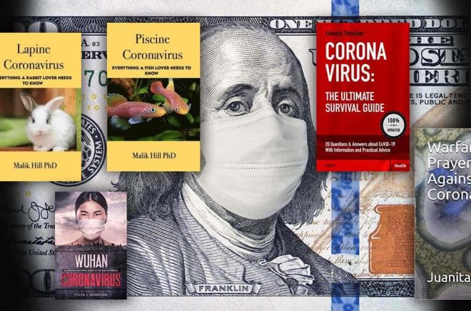 På Amazon finns det tusentals böcker om Coronaviruset. Överlevnadsguider, mer eller mindre seriösa. Illustration: iStock. Montage: Boktugg.