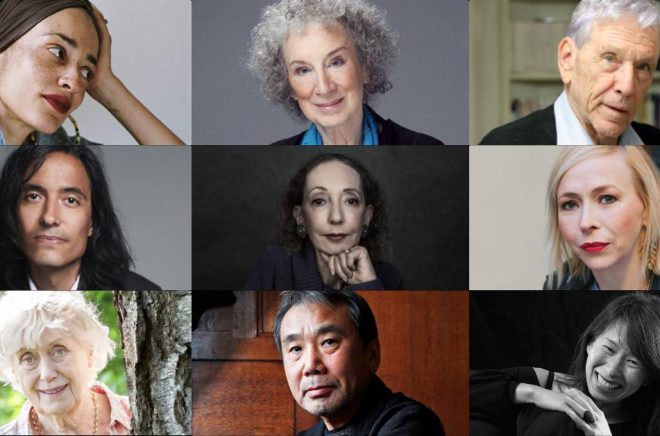 Några av de 47 nominerade: Zadie Smith (foto: Dominique Nabokov), Margaret Atwood (foto: Jean Malek), Amos Oz (foto: Zhang Lei), Jonas Hassen Khemiri (foto: Pierre Björk), Joyce Carol Oates (foto: Dustin Cohen), Jenny Jägerfeld (foto: Hugo Thambert), Kerstin Ekman (foto: Bodil Bergqvist), Haruki Murakami (foto: Murdo MacLeod) och Kim Thúy (foto: Benoît Levac).