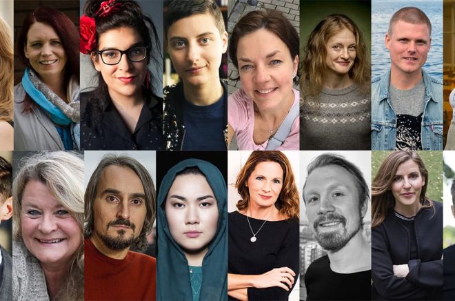 Sexton av mer än tvåhundra debutanter från 2018. Överst, från vänster: Lin Jansson (foto: Ola Kjelbye), Åsa Ringdahl (foto: Charlotta Söderbom), Yolanda Bohm (foto: Casia Bromberg), Nino Mick (foto: Nadim Elazzeh 2017), Sofia Pihlsgård, Helena Hedlund (foto: Kicki Nilsson), Linus Löfgren och Sabine Louvet (foto: Jan-Åke Eriksson). Nedre raden, från vänster: Niklas Mesaros (foto: Hugo Thambert), Elisabeth Öhman (foto: Anita Tingskull), Andreas Fock (foto: Jan-Åke Eriksson), Fatemeh Khavari (foto: Göran Segeholm), Veronica Linarfve (foto: Eva Lindblad 1001bild.se), Max Schüllerqvist, Cecilia Salamon och Per Snaprud (foto: Carola Björk).