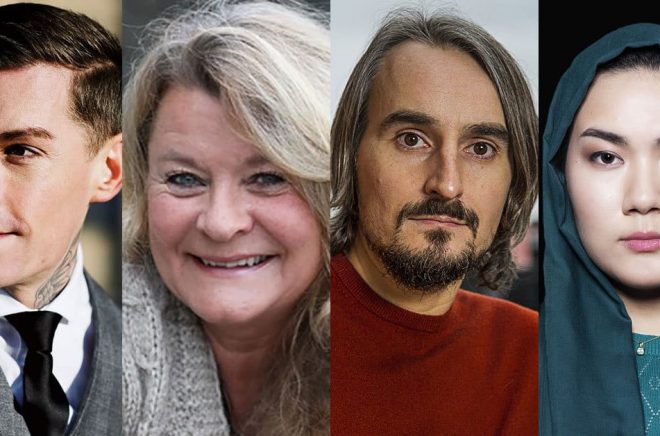 Några av de författare som debuterar i juni: Niklas Mesaros (foto: Hugo Thambert), Elisabeth Öhman (foto: Anita Tingskull), Andreas Fock (foto: Jan-Åke Eriksson), Fatemeh Khavari (foto: Göran Segeholm).