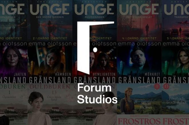 Under sommaren släpper Christian Unge och Emma Olofsson fem böcker var i sina nya digitala spänningsserier. De gör Camilla Läckberg och Grimwalker & Grimwalker sällskap i Forum Studios – Bokförlaget Forums växande digitala utgivningslinje med fokus på serier, hög utgivningstakt och starka berättelser för en digital publik. Pressbild.