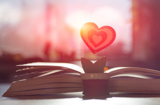 symbol of love red heart in the form of a flower stands near an open old book on a background of a blurred window in the yellow rays of the sun