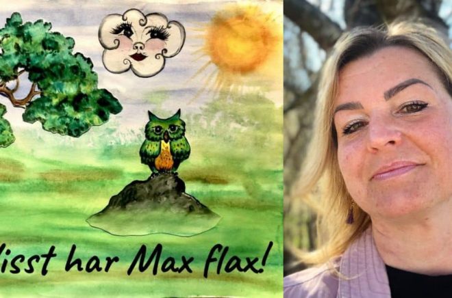 Kristina Uggla med omslaget till boken Visst har Max flax? Foto: Privat