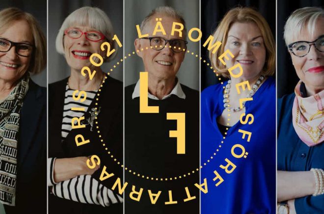 Barbro Westlund, Gunilla Molloy, Anders Pihlsgård, Margret Lepp och Janeth Leksell belönas med Läromedelsförfattarnas pris år 2021. Foto: Kajsa Göransson