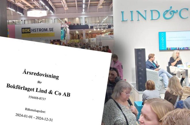 Lind & Co har en välbesökt monter på Bokmässan i Göteborg. Men förlagets omsättning består till tre fjärdedelar av digital försäljning, främst ljudböcker. Foto & montage: Boktugg.