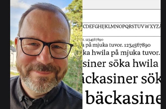 HarperCollins produktionschef Magnus Olsson  och förlagets nya teckensnitt HC Arc, som sparar papper. Bild: Katarina Hörlin