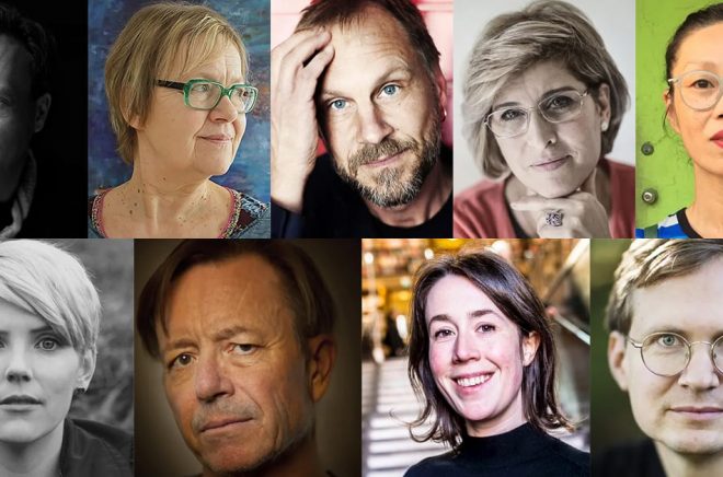 Dessa nio författare får stipendium av Natur & Kultur 2018, överst från vänster: Torbjörn Flygt (foto: Martin Bogren), Tua Forsström (foto: Mao Lindholm), Per Gustavsson (foto: Kristofer Samuelsson), Suzanne Ibrahim (foto: Sandra Lee Pettersson), Mara Lee (foto: R. Thord). Nedre från vänster: Andrea Lundgren (foto: Sara Mac Key), Steve Sem-Sandberg (foto: Fredrik Hjerling), Emi-Simone Zawall (foto: Natur & Kultur) och Jonas Gren (foto: Linda Gren).