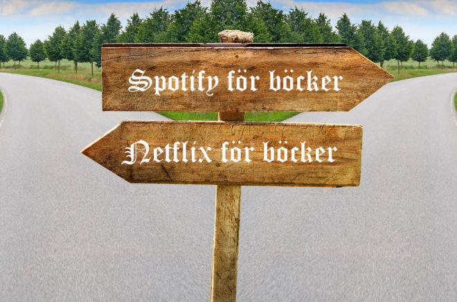 Vilken väg ska vi välja för digitala böcker? Är det Spotify för böcker eller Netflix för böcker som läsare och lyssnare vill ha? Eller är det styckköp som faktiskt är rätt för bokbranschen? Foto: iStock. Bildmontage: Boktugg.