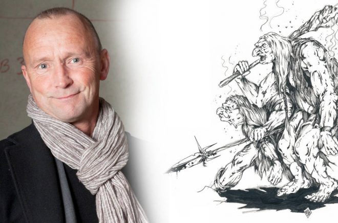Nils Gulliksson, illustratören och spelutvecklare. Foto: Ylva Bergman. Teckningen till höger är troll ur Monsterboken (1985). Original (med underliggande blyertsskissning synlig).