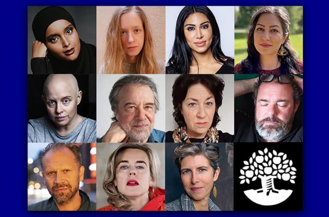 Suad Ali, Isabella Nilsson, Melody Farshin, Mahdieh Golroo, Anna Hallberg, Kjell Johansson, Ann Jäderlund, Johan Jönson, Stefan Lindberg, Annika Norlin och Emma Virke tilldelas Natur & Kulturs särskilda stipendium 2021. Foto: Pressbild.