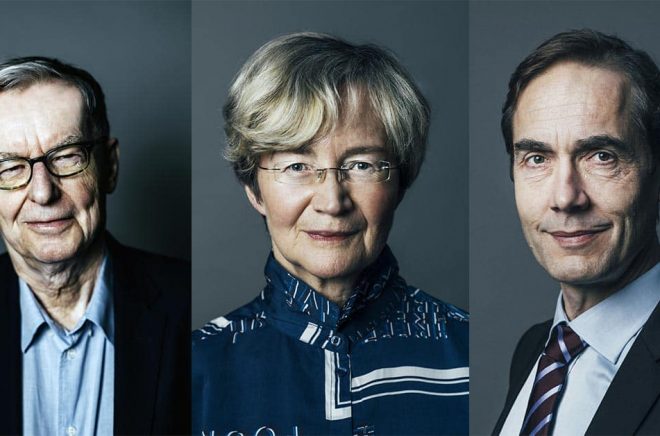 Tre av de sex ledamöterna i Nobelkommittén Anders Olsson (ordförande), Ellen Mattson och Mats Malm (adjungerad). Foton: Rickard L. Eriksson.