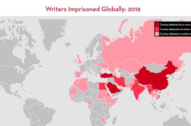 Världskarta med PEN Americas Freedom to Write Index 2019.