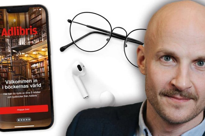 Sakari Luovio, försäljningschef på Adlibris ser fram emot lanseringen av nätbokhandelns nya app för eböcker och ljudböcker. Foto: Pressbilder. Montage: Boktugg.