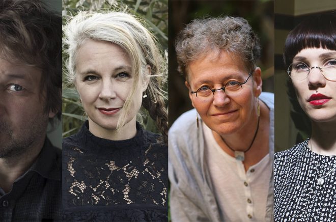 De fyra nominerade till Sveriges Radios romanpris 2019, fr v: Tomas Bannerhed (foto: Sofia Runarsdotter), Sara Stridsberg (foto: Irmelie Krekin), Lena Einhorn (foto: Agneta Åkesson) och Lyra Koli Foto: Matti Koli.