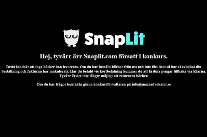 Så här ser den tidigare nätbokhandeln Snaplit.com:s hemsida ut efter att bolaget bakom gått i konkurs.