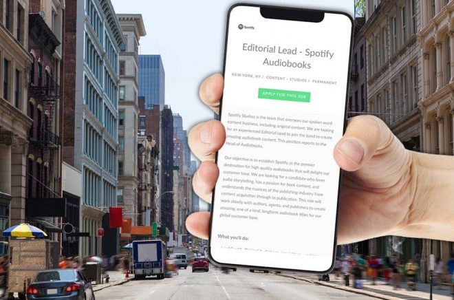 Editorial Lead för Spotify Audiobooks heter det i en platsannons, en tjänst som är stationerad i New York. Foto: iStock. Montage: Boktugg.