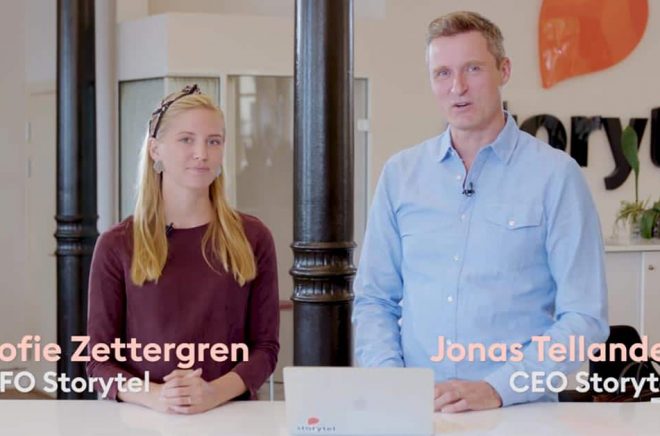 Storytels CFO Sofie Zettergren och Jonas Tellander, grundare och CEO, presenterar delårsrapporten för Q2-2019. (Skärmdump från företagets Youtube-kanal)