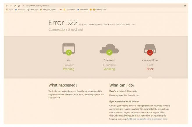 Storytels hemsida hade tekniska problem. Skärmdump: Boktugg.