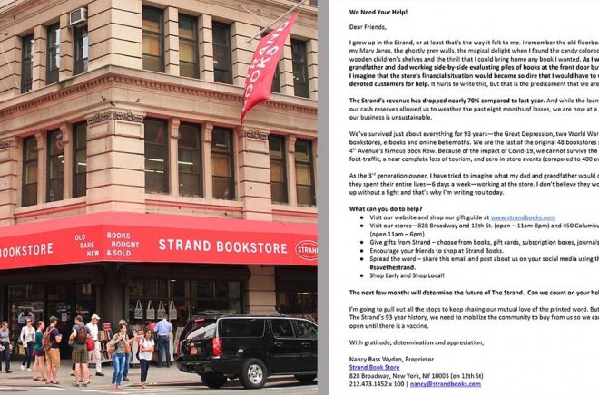 The Strand Bookstore i New York har i veckan skickat ut ett nödrop på Twitter. Den 93-åriga bokhandeln har drabbats hårt av Covid-19-pandemin. (Bild från The Strands twitter)