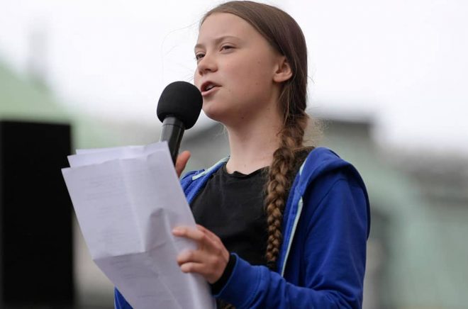 Greta Thunberg i maj under ett tal i Kungsträdgården i Stockholm i maj. Foto: Janerik Henriksson/TT.