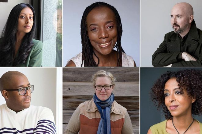 Från vänster: Avni Doshi, Tsitsi Dangarembga, Douglas Stuart, Maaza Mengiste, Diane Cook och Brandon Taylor. Pressbild: Booker Prize Foundation/TT.