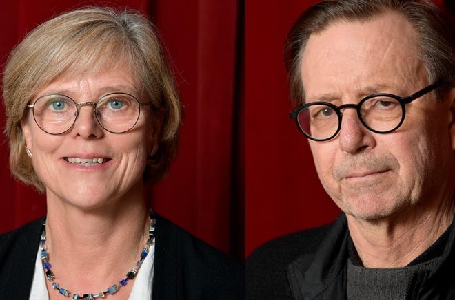 Ingrid Carlberg och Steve Sem-Sandberg är nu officiellt ledamöter av Svenska Akademien. Arkivbild: Anders Wiklund/TT.