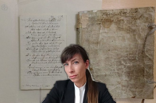 Schering Rosenhanes dagbok från studieresan i Europa finns kvar. Infälld: Anna Blennow, docent i latin, har närmat sig gåtan Skogekär Bergbo utifrån latinet. Pressbilder.