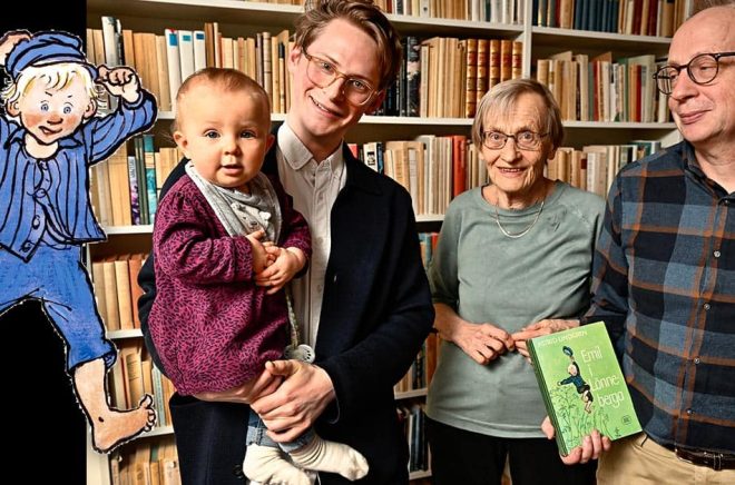 Astrid Lindgren vände sig direkt till Björn Berg som gjorde illustrationerna till böckerna om Emil. Pressbild: Björn Berg. Till höger: Astrid Lindgrens efterlevande i fyra generationer: Ada Palmberg-Mossop, Johan Palmberg, Karin Nyman och Karl-Johan Nyman. Foto: Jonas Ekströmer/TT.