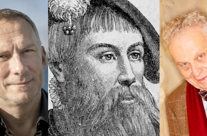 Gustav Vasa i mitten (Bild: Pressens Bild/TT) är i fokus för nya böcker av både Gustaf Skördeman (Pressbild: Bokförlaget Polaris) och Herman Lindqvist (Arkivbild: Stina Stjernkvist/SvD/TT).