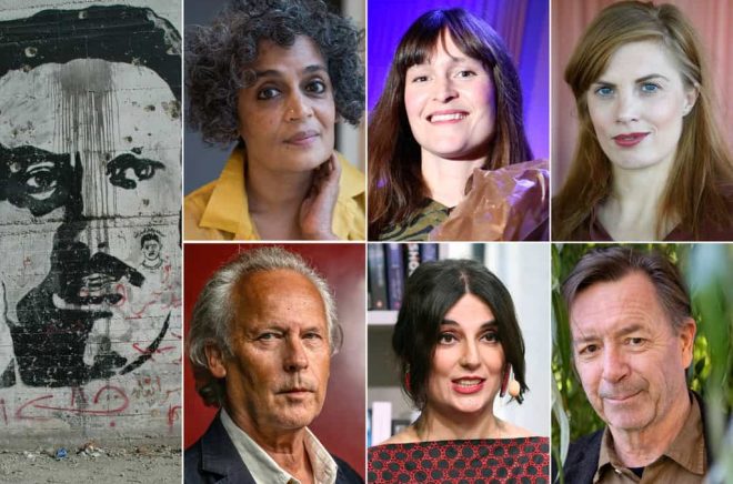 Ghassan Kanafani, Arundhati Roy, Elin Cullhed, Lydia Sandgren, Klas Östergren, Balsam Karam och Steve Sem-Sandgren. Foto: Justin McIntosh/Wikimedia commons, Fredrik Sandberg/TT, Anders Wiklund/TT, Jessica Gow/TT.