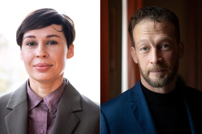 Sofia Andruchovytj och översättaren Nils Håkanson. Foto: Jakob Åkersten Brodén/Fredrik Sandberg/TT.