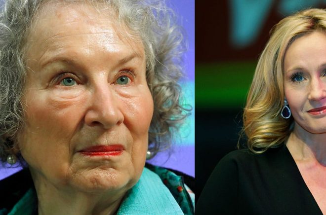 Den kanadensiska författaren Margaret Atwood (Arkivbild: Alastair Grant/AP/TT) t v är en av de 150 undertecknarna av det öppna brevet. 
Den brittiska författaren JK. Rowling (Arkivbild: Lefteris Pitarakis/AP/TT) känner en stolthet över att undertecknat det öppna brevet, där budskapet är att yttrandefriheten är under hot.